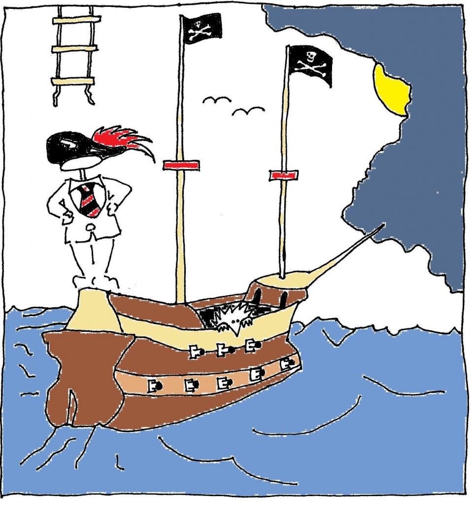 A suited pinhead wearing a pirate's hat stands in the stern of a pirate ship below a dangling ladder