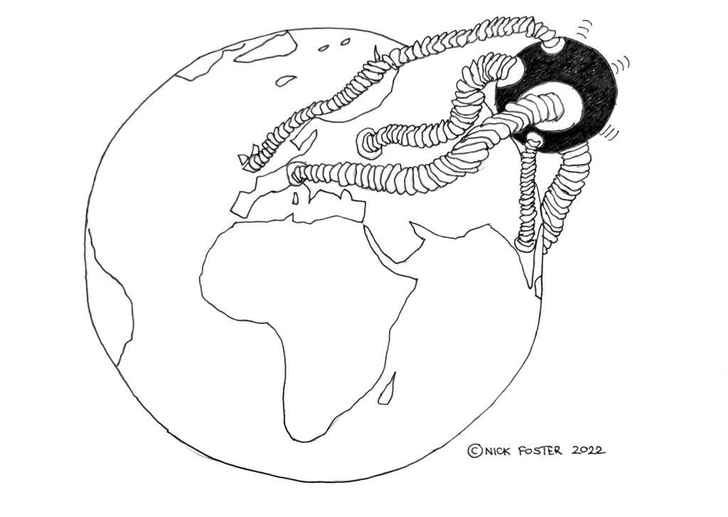 Cartoon of a black ball powering the planet