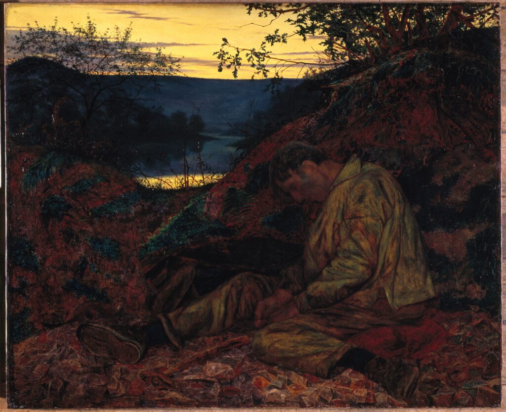 The Stonebreaker is an 1857 oil-on-canvas painting by Henry Wallis. It depicts a manual labourer who appears to be asleep, worn out by his work, but may have been worked to death as
his body is so still that a stoat has climbed onto his right foot